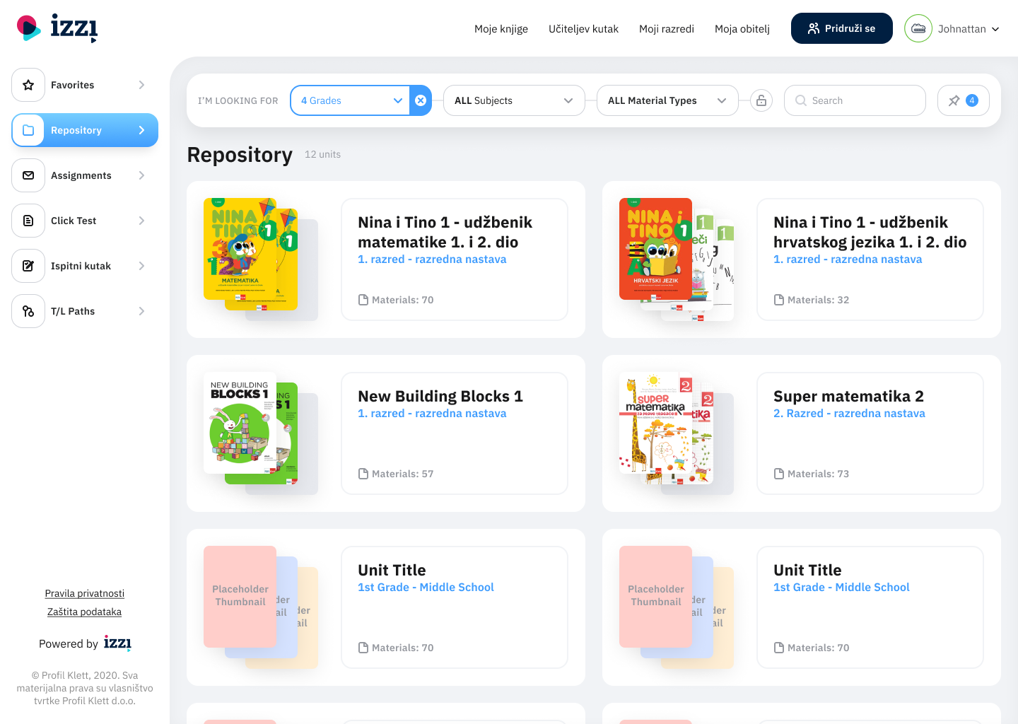Teacher's Corner — the management surface for organising materials by subject