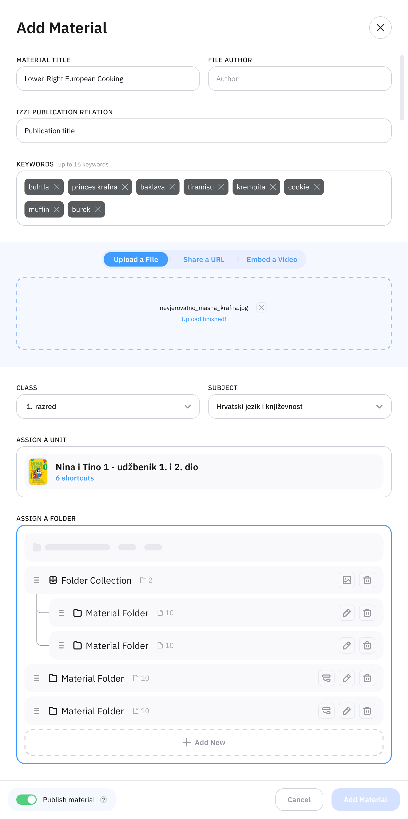 The Add Material main step — title, publication, and grade