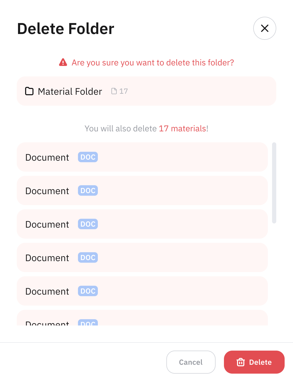 The Add Material first step — choose a unit and folder