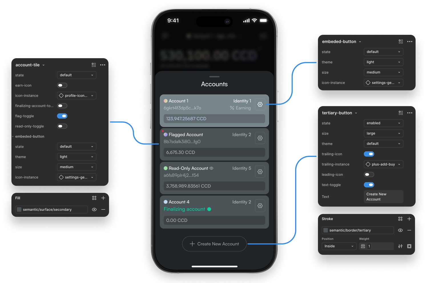 A live Mobile Wallet screen with key components and their property panels exposed