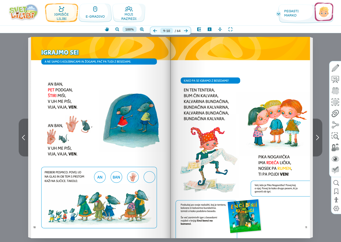 The Flipbook reader — navigation on top, tools on the right, content in the middle